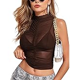 YYA Sheer Mesh Vest for Women Sexy Tank Club Top with Ruffled Hem & Stretchy Pleats S-XXL Coffee M
