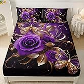 AILONEN Girls Rose Fitted Sheet Set Queen Size,Gold Purple Rose Butterfly Bed Sheet Set for Women,Modern Print Romantic Floral Fitted Sheet with 2 Pillowcases,3 Pieces