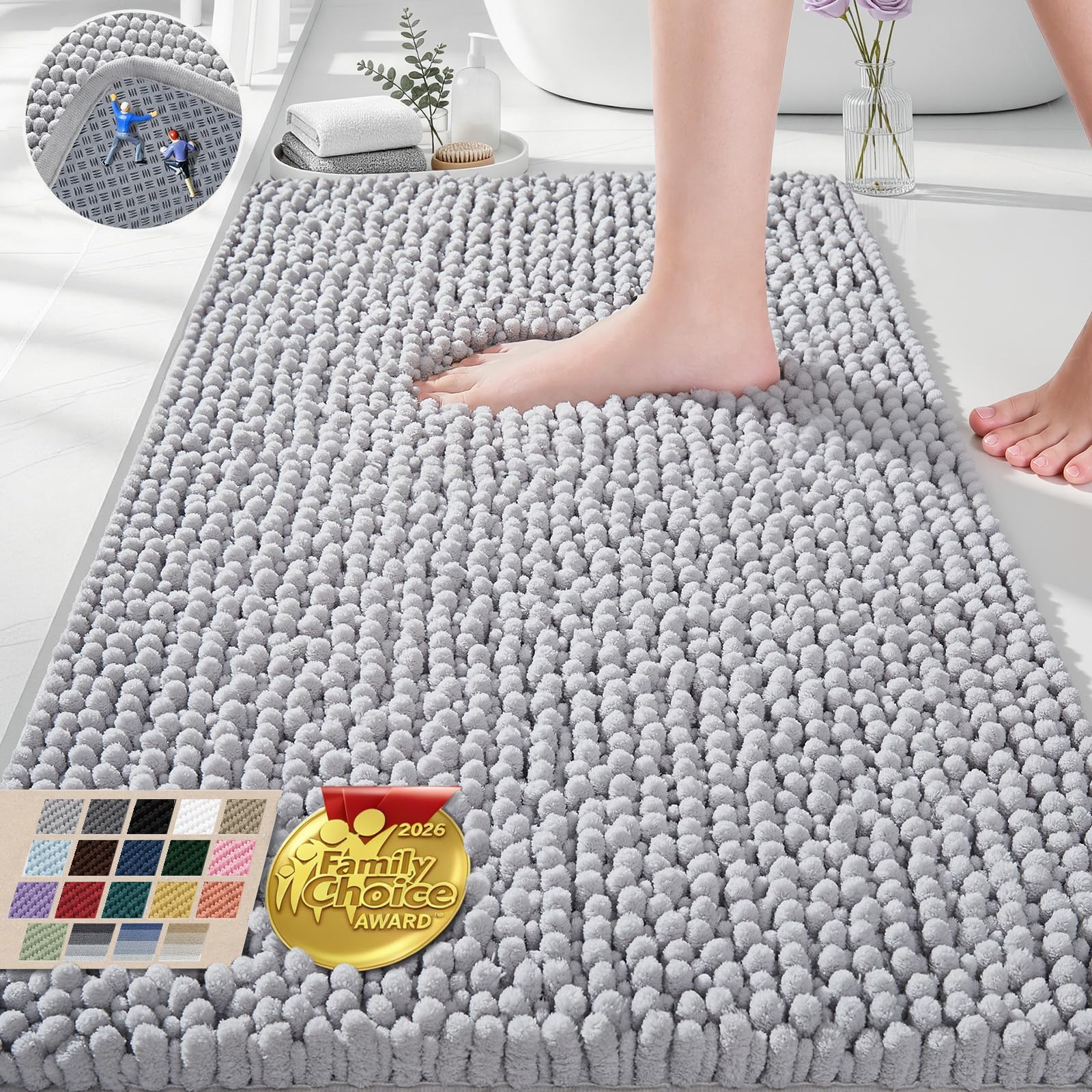 Ophanie Grey Bathroom Rugs 30x20, Soft Chenille Bath Mat, Non Slip Absorbent Quick Dry Light Gray Mats, Machine Washable Thic
