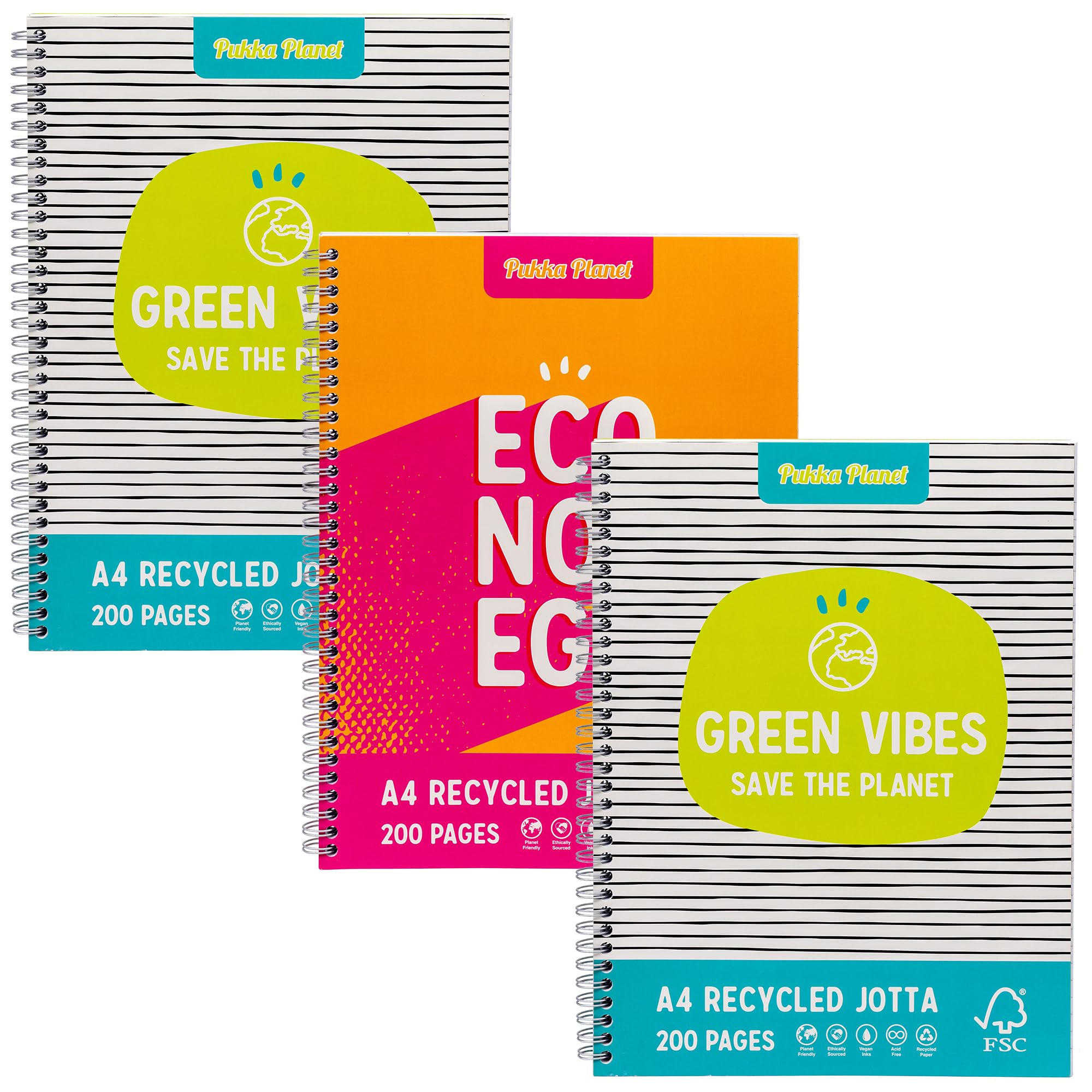 Pukka Planet A4+ Jotta – Pack of 3 Notebooks in 2 Assorted Designs with 200 Pages, 100 Sheets of 80GSM Lined FSC Paper with 4-Hole Punch Margins – Silver Wire Binding – Fully Recyclable