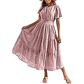 Benfoly Summer Flowy Maxi Dresses for Women 2026 Spring Vacation Eyelet Lace Short Sleeve Wedding Guest Casual Boho Dresses