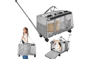 L&W BROS. Double Cat Carrier with Wheels 23.6" L x 15" W x 14.2H Extra Large Cat Carrier for 2 Big Cats Soft Rolling Dog Carrier for Up to 40 Lbs Double-Compartment Foldable Pet Carrier (Gray)