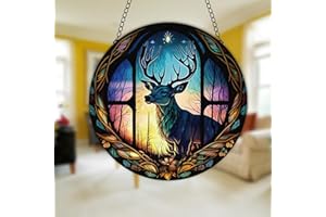 JUNWALL Elk Acrylic Window Hanging, Deer Stained Acrylic Window Decor Hanging Ornaments Indoor Outdoor Garden Stained Art Panel Gift for Women Christmas Thanksgiving
