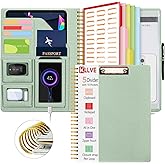 KLLVE Sauge Foldable Spiral Clipboard Folio with Storage Zipper Pouch, 5 Plastic Folders with Pockets,Refillable Lined Notepad (8.5" x 11"), Hardcover Project Organizer with 36 Stickers