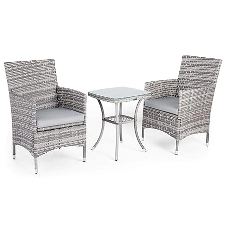 VonHaus Bistro Set aus Polyrattan | 2-Sitzer Sessel plus mit Glasplatte bedecktem Tisch für Garten und Terrasse | Farbe Grau