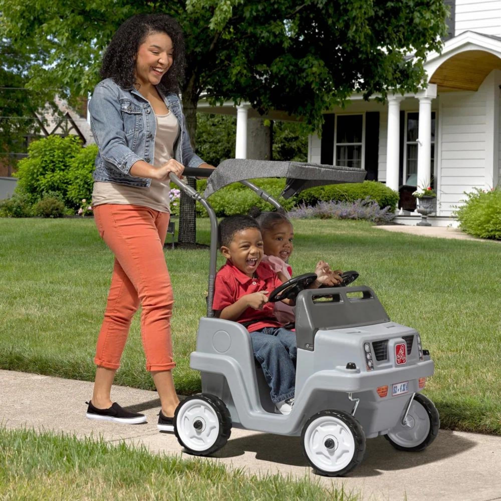Step2 Side-by-Side Push Around SUV, Kids Push Car, 2 Seats, Stroller Substitute, Includes Seat Belts & Horns, Made of Durable Plastic, Max Weight 100 lbs., for Toddlers 1.5-5 Years Old, Gray