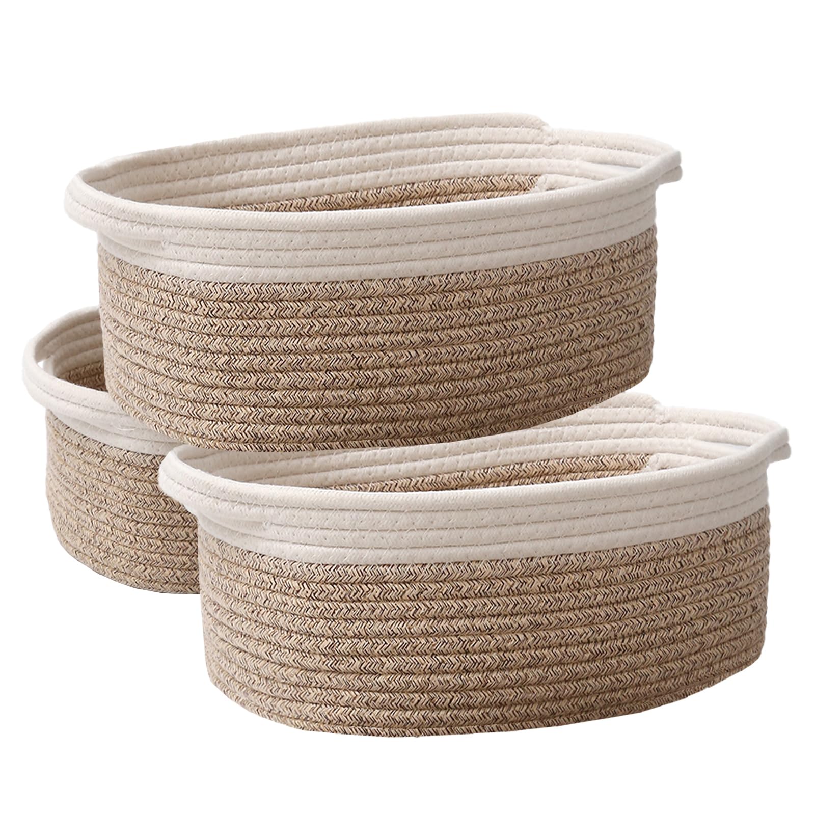 JMvicyroam Woven Basket,Small Rope Storage Bin with Handles & Ribbon Bag, Organizer for Shelves Closets,Gift Basket Empty for Birthday,Books,Dog Toys, White&Oatmeal/3 Pack