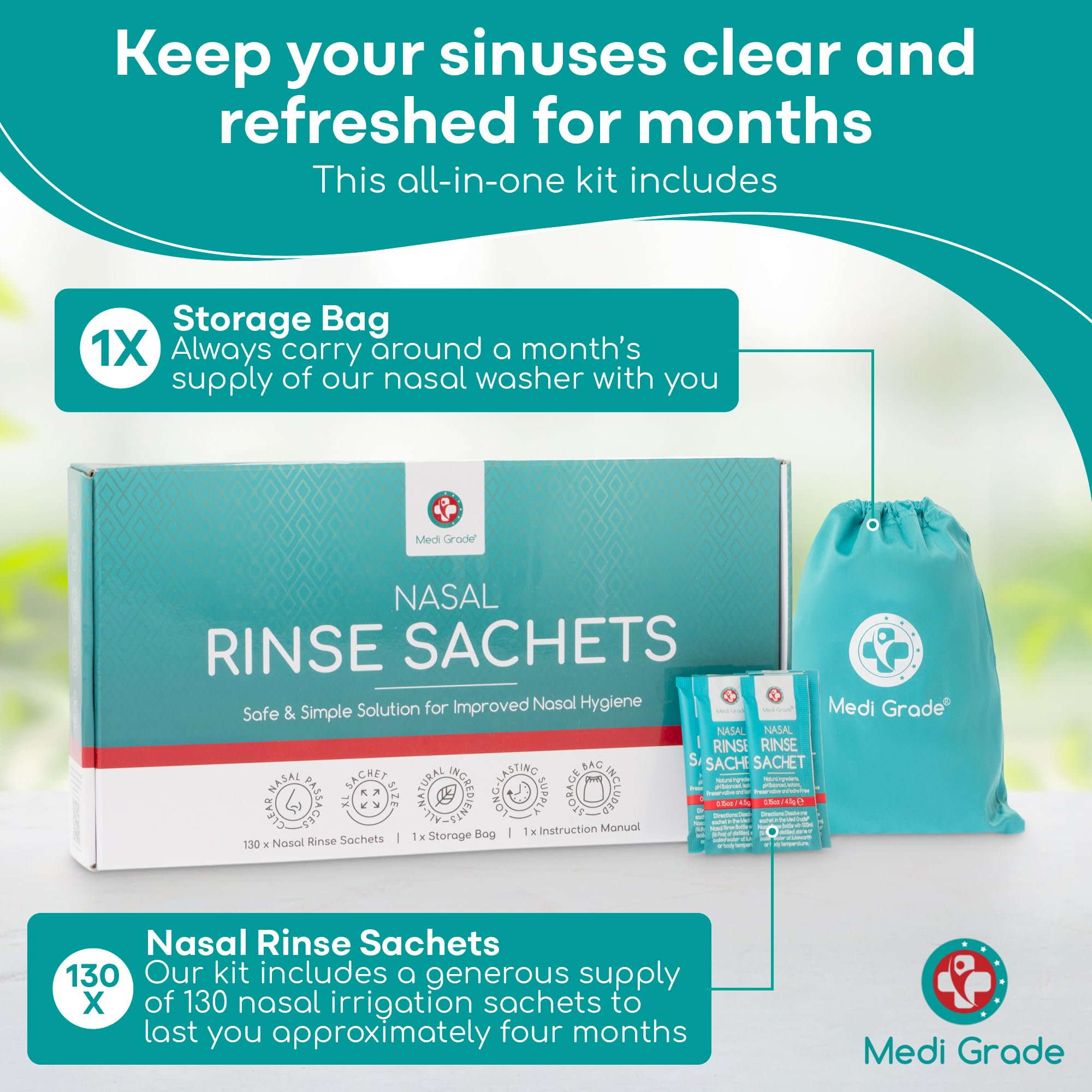 Medi Grade Sinus Rinse Packets – Nasal Rinse Essentials Kit of 130 x Salt Packets and Convenient Storage Bag - Enjoy Effortless Nasal Irrigation at Home or On The Go with Our Neti Pot Salt Packets