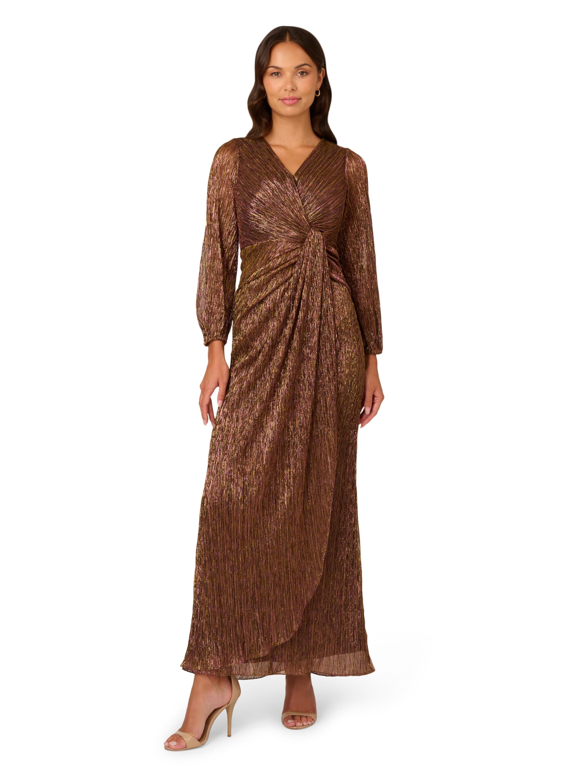 Adrianna Papell Women’s Metallic Mesh Draped Gown, Copper