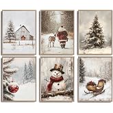 6Pcs Vintage Christmas Wall Art Winter Snowy Posters Unframed 12x16 in | Santa Claus Reindeer Sleigh Wall Decor Pictures Barn Christmas Tree Snowman Canvas Prints for Farmhouse Living Room