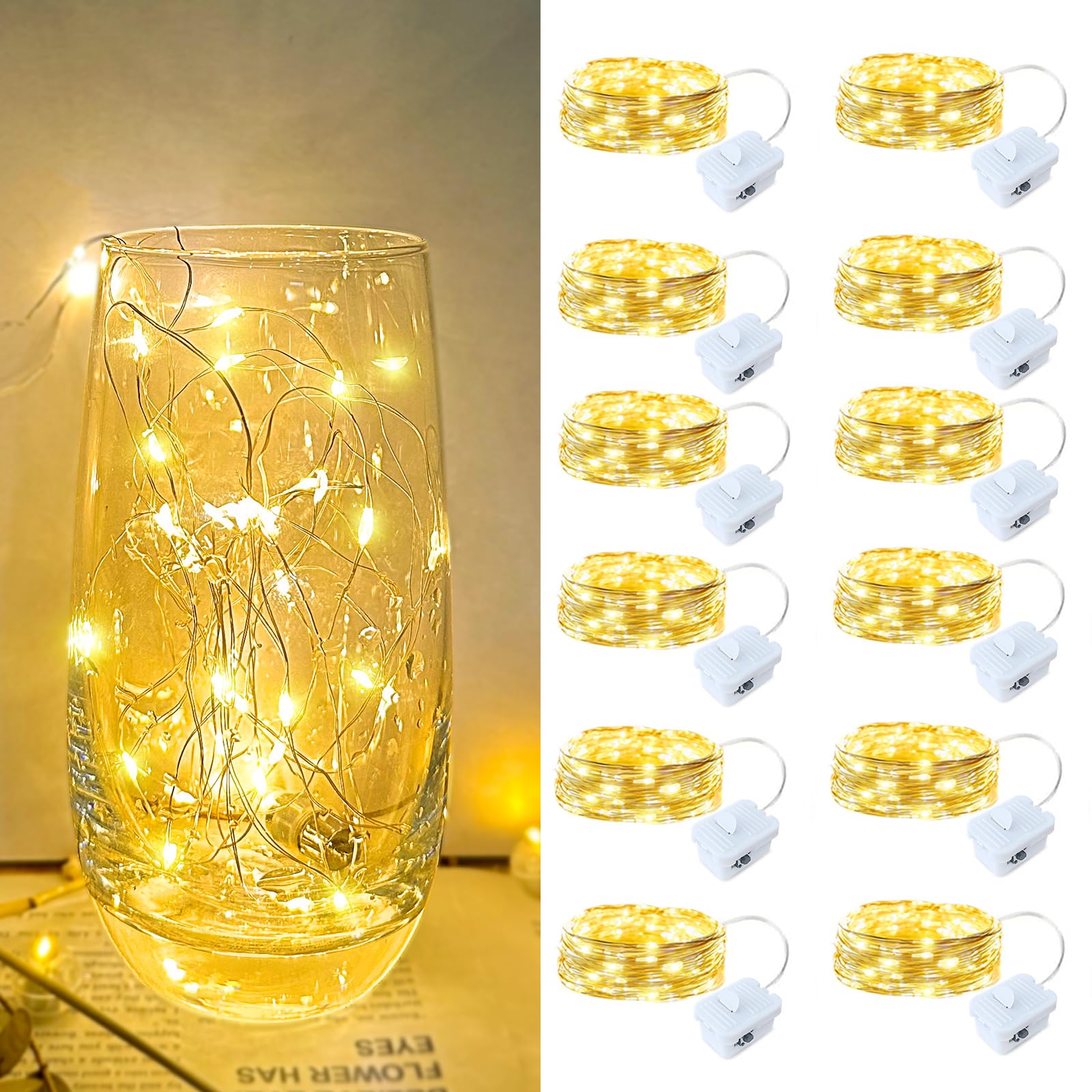 Photo 1 of 12 Pack Led Fairy Lights - Warm White, Battery Operated LED Silver Wire String Lights, 7FT 20LED Mini Firefly Starry String Lights Waterproof Led Twinkle Lights for Mason Jar DIY Christmas Decor