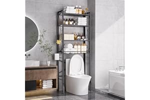 Over-The-Toilet Storage Rack 4-Tier,Bathroom Organizer Shelf Over Toilet,Adjustable Wooden Shelves and Basket,Freestanding Ab