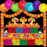 140Pcs Day of The Dead Decorations Kit Dia De Los Muertos Altar Decor | 9 Mexican Banner Papel Picado 2 Marigold Garland 50 Marigold Flowers with Stem 7 Paper Pompom 18 Butterfly for Diwali Indian