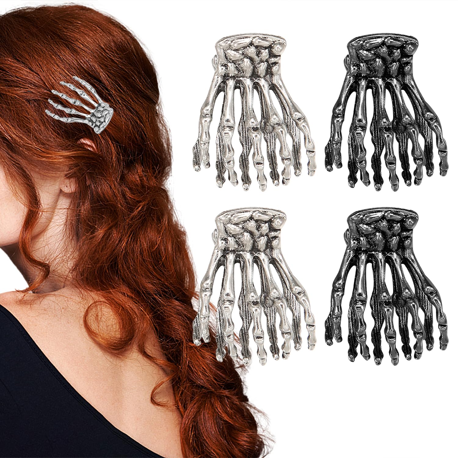 4 PCS Halloween Hair Clips,Metal Goth Hair Clips, Mini Skull Fancy Jaw Clips Non-Slip Vintage Hair Clamps Hair Updo Grip Hair Accessories for Women Girls