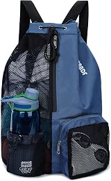 WANDF Swim Bag Mesh Drawstring Backpack with Wet Pocket Dark Blue