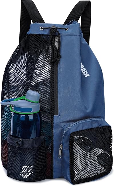 WANDF Swim Bag Mesh Drawstring Backpack with Wet Pocket Dark Blue