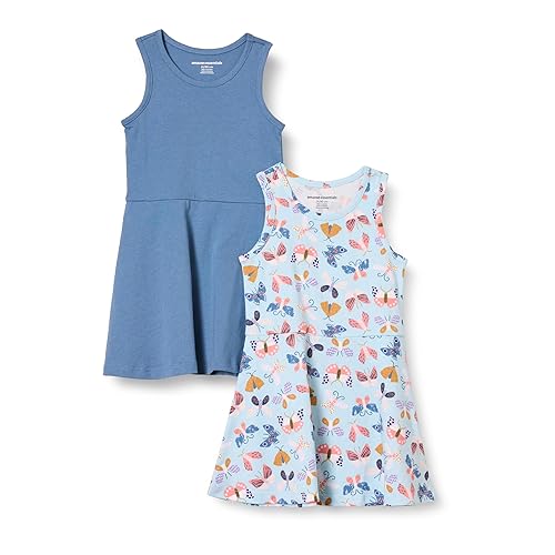 Amazon Essentials Girls' Knit Sleeveless Tank Play Dress, Pack of 2, Blue/Butterflies, X-Large