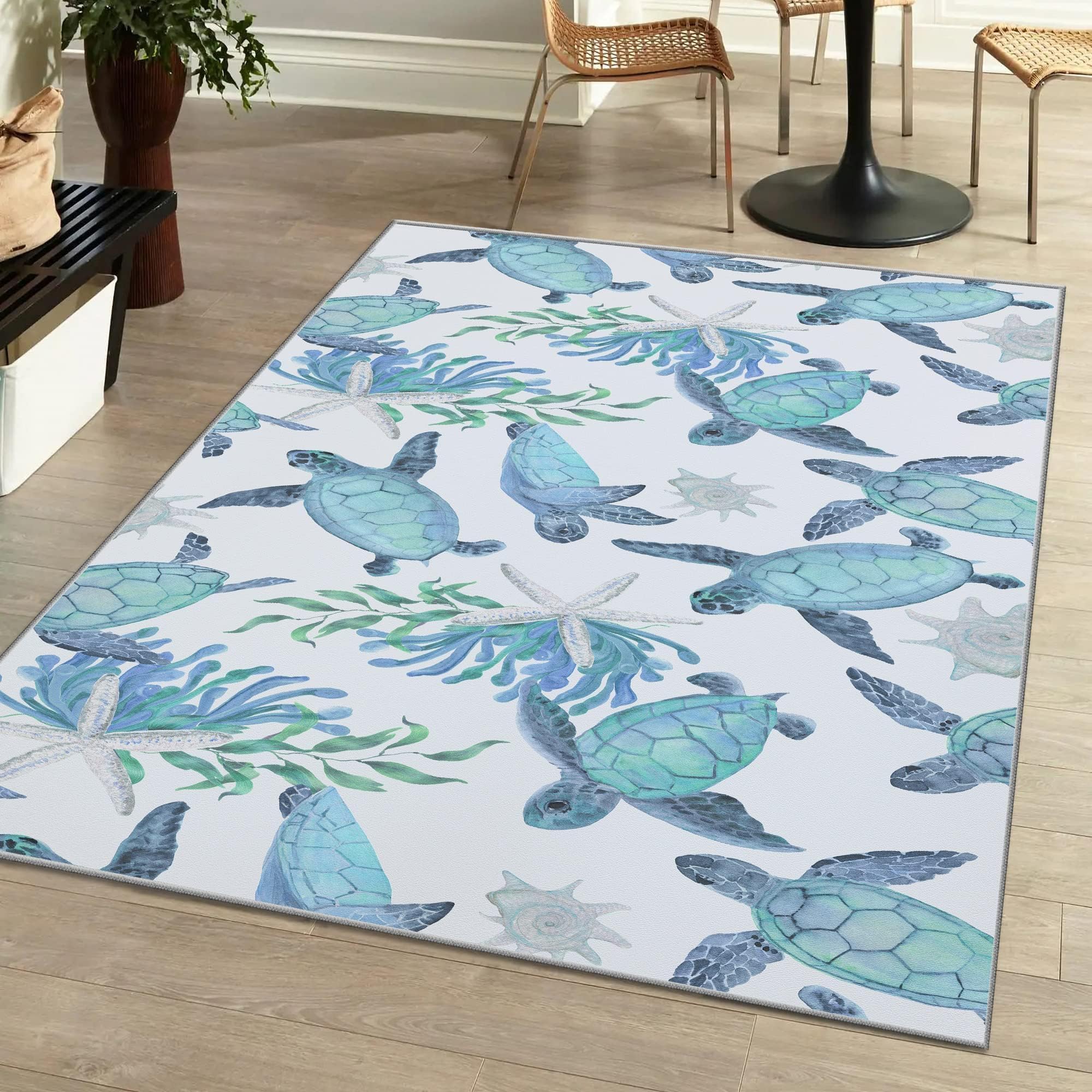 Photo 1 of Tritard Coastal Sea Turtles Area Rugs Beach Themed Nautical Non Slip Area Rugs Stain Resistant Washable Accent Rugs Non Shedding Floor Carpet for Living Room Bedroom, Teal, 4x6 Feet