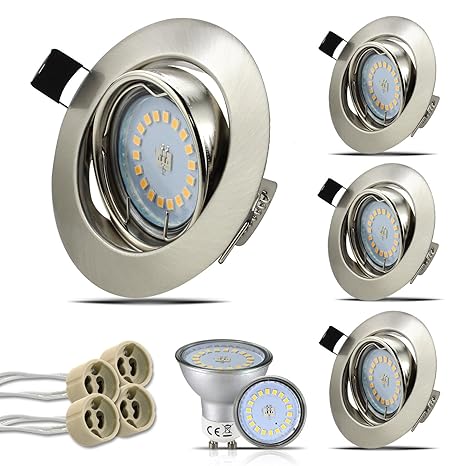 HiBay® Set 4 x GU10 Einbaustrahler LED, 230V, 5W, 18PCS High Power LEDs,Schwenkbar, Rund Deckeneinbauleuchte, Edelstahl gebür