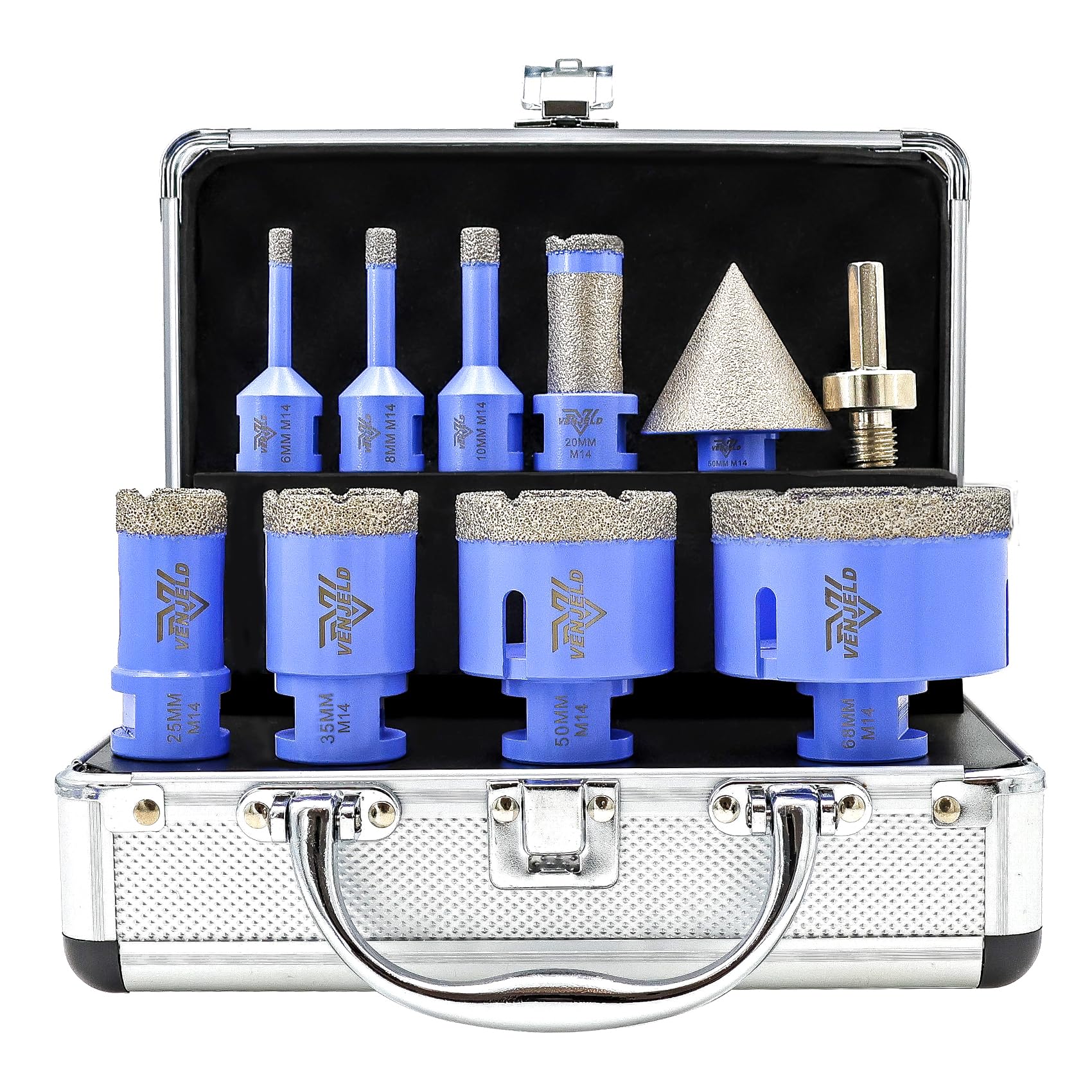 Diamond Drill Bits Set 10Pcs - 6/8/10/25/35/50/68mm Tile Hole Saw Kit, 20mm Drill Milling Bit, 50mm Beveling Chamfer Bit, Hex Shank Adapter for Porcelain Tile Ceramic Granite Marble Dekton — image 1