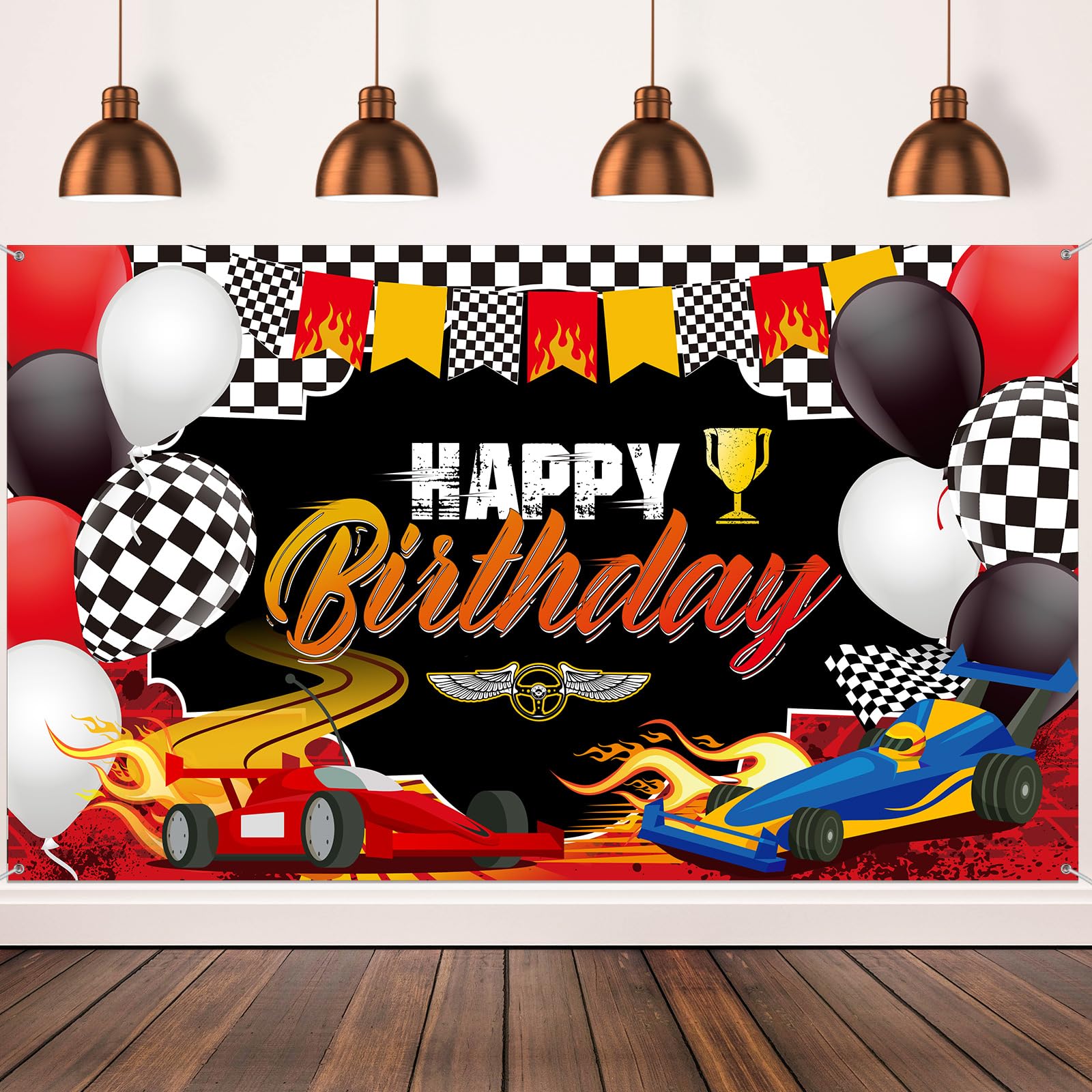 Photo 1 of Car Racing Happy Birthday Backdrop Car Themed Birthday Party Decorations Racing Party Photo Background Theme Party Supplies for Birthday Party Photography Decor, 72.8 x 43.3 Inches