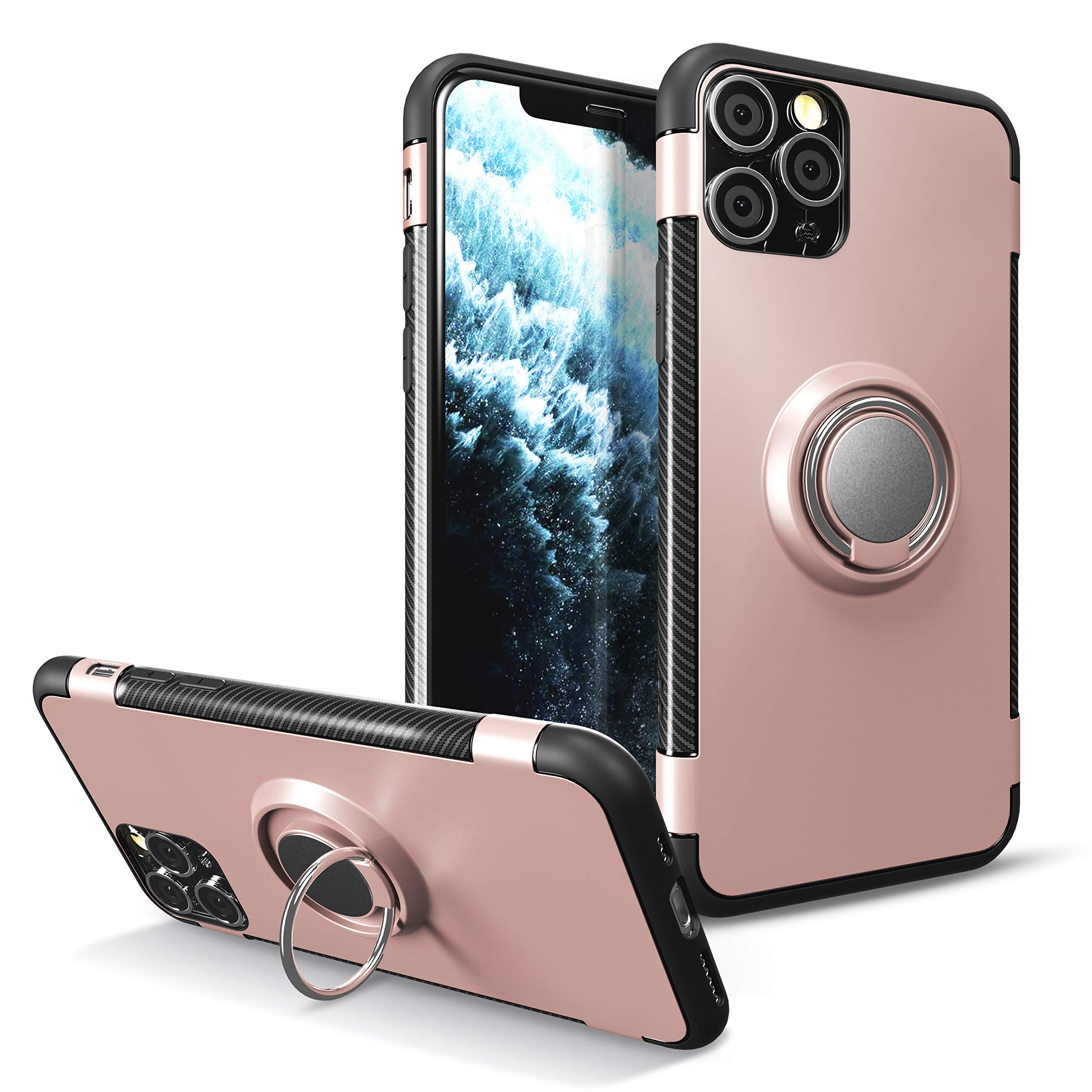 UEEBAI Case for iPhone 12 iPhone 12 Pro 6.1 inch,Ultra Slim Shockproof TPU+PC Case Anti-Scratch Back Cover 360 Degree Rotatable Ring Kickstand Used As an In-car Phone Holder Stand Cover -Rose Gold