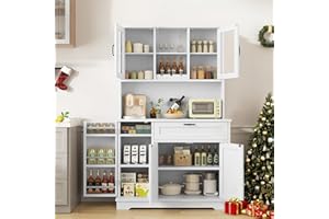 Shintenchi Kitchen Pantry Storage Cabinet, Freestanding Buffet Cabinet with Microwave Stand & 4 Door Shelves, Kitchen Hutch with Doors, Adjustable Shelves and Wine Rack, White