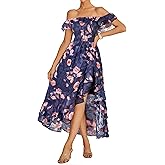 GRACE KARIN Women's Floral Print Maxi Dress Off Shoulder Smocked A Line Flowy Ruffle Wedding Guest Dresses with Pockets