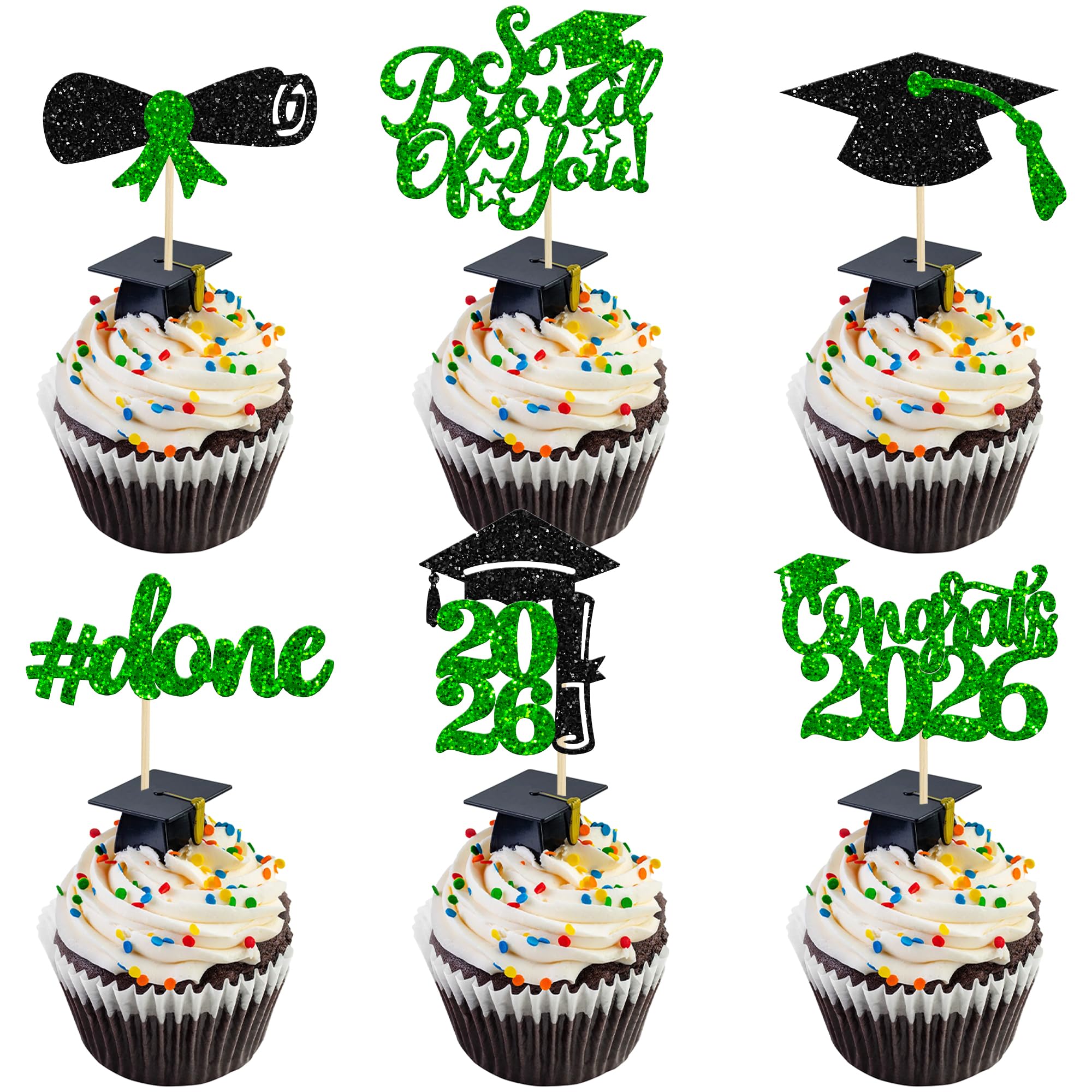 Gyufise 24Pcs Graduation Cupcake Toppers 2026 Glitter Class of 2026 Cupcake Toppers So Proud of You Congrats Grad Cap Diploma Cupcake Picks for Graduation Party Decorations 2026 Green