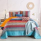 WONGS BEDDING Boho Queen Quilt Set, Orange and Blue Bohemian Queen Quilt Bedding Set, Lightweight Bed Decor Bedspread for All Season 96"x90"(3 Pieces)