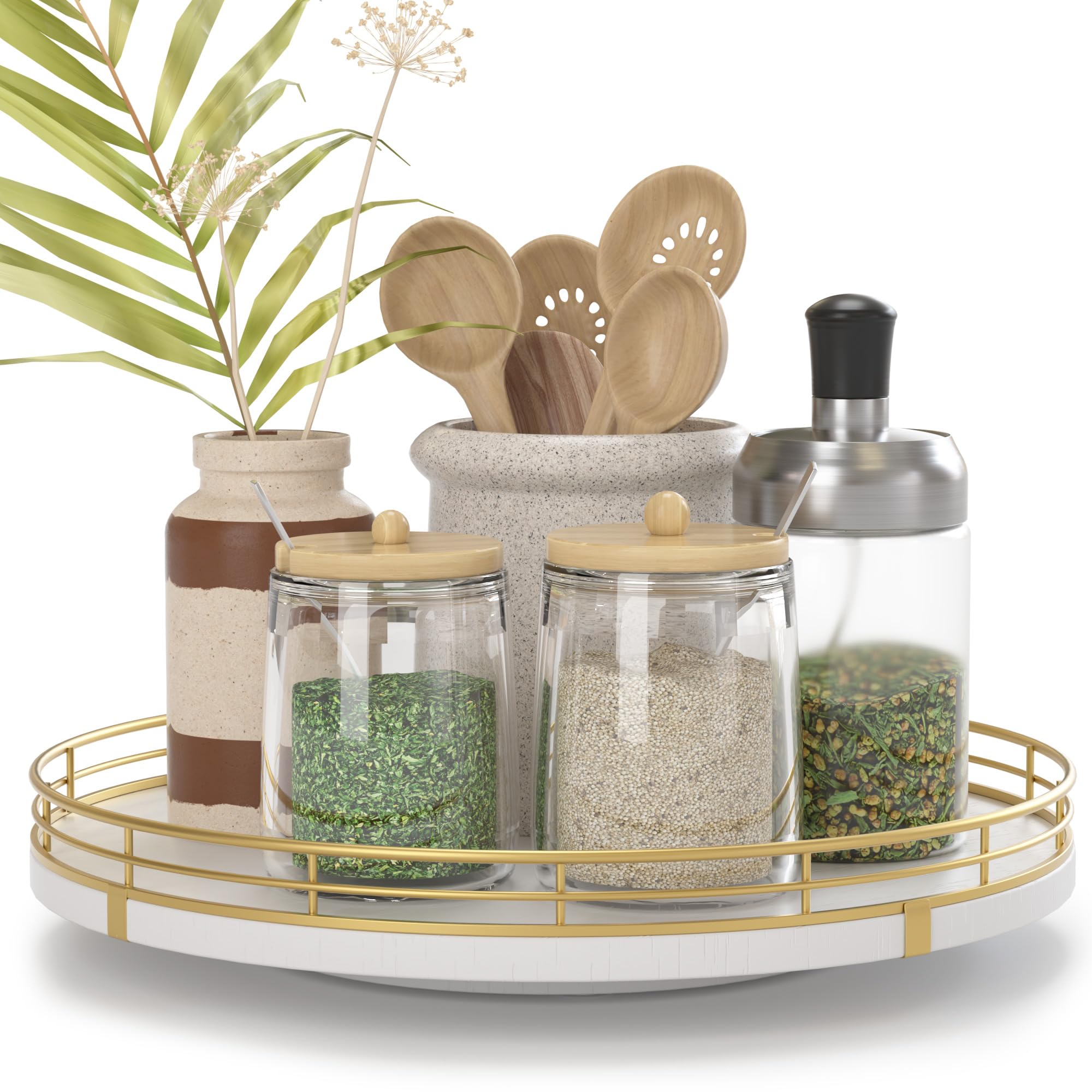 Photo 1 of 10" Wooden Lazy Susan Turntable for Cabinet – Rotating Spice Rack Organizer, Small Kitchen Countertop Tray for Dining Table & Pantry Storage (White & Gold)