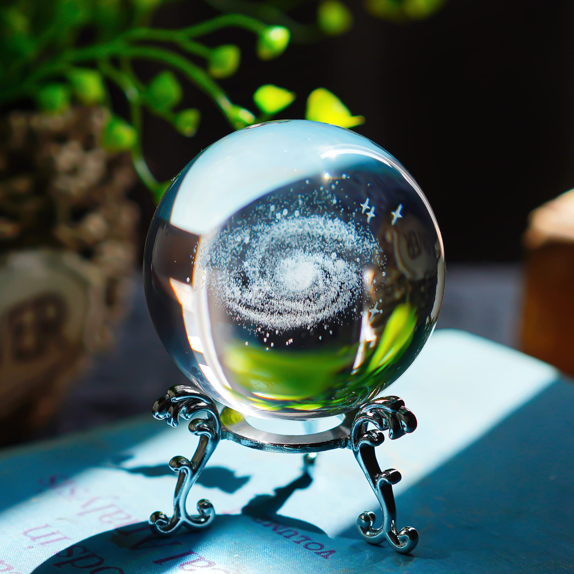 H&D HYALINE & DORA 2.4 inch 3D Galaxy Crystal Ball, Glass Fengshui Ball Paperweight Including Silver Stand for Home Decoration