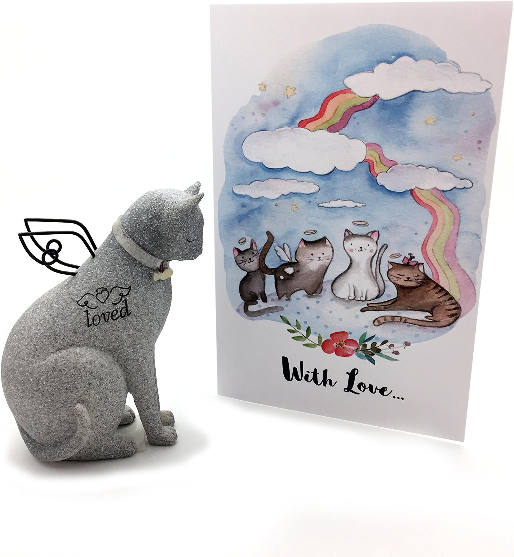 Cat Statue with Angel Wings with Loss of Pet Gifts Card Rainbow Bridge Theme Gift Set