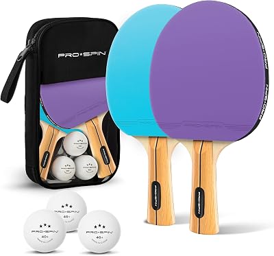 PRO-SPIN Table Tennis Bats 2-Player Set with Case 3 Balls Purple Blue