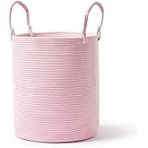 Kodomoore Laundry Basket – Laundry Hamper for Clothes, Blankets, Yoga Mat – Woven Cotton Rope Basket for Living Room, Nursery Room – Boho Style – 15”D x 18”H – Light Pink