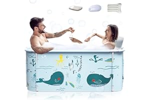 KISEELY 53" Extra Large Portable Foldable Bathtub with Cover for Adult, Family SPA Soaking Tub for Small Bathroom, Thicken Multiple Layer Bathtub with Lid for Shower Stall (53" Ocean Style）