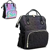 CAFINY Geometric Women's Backpack Geometries Glow Large Iridescent Backpack Geometrical Luminous Bag with USB port Holographic Travel Bags Retro Daypack for Casual, College, Work