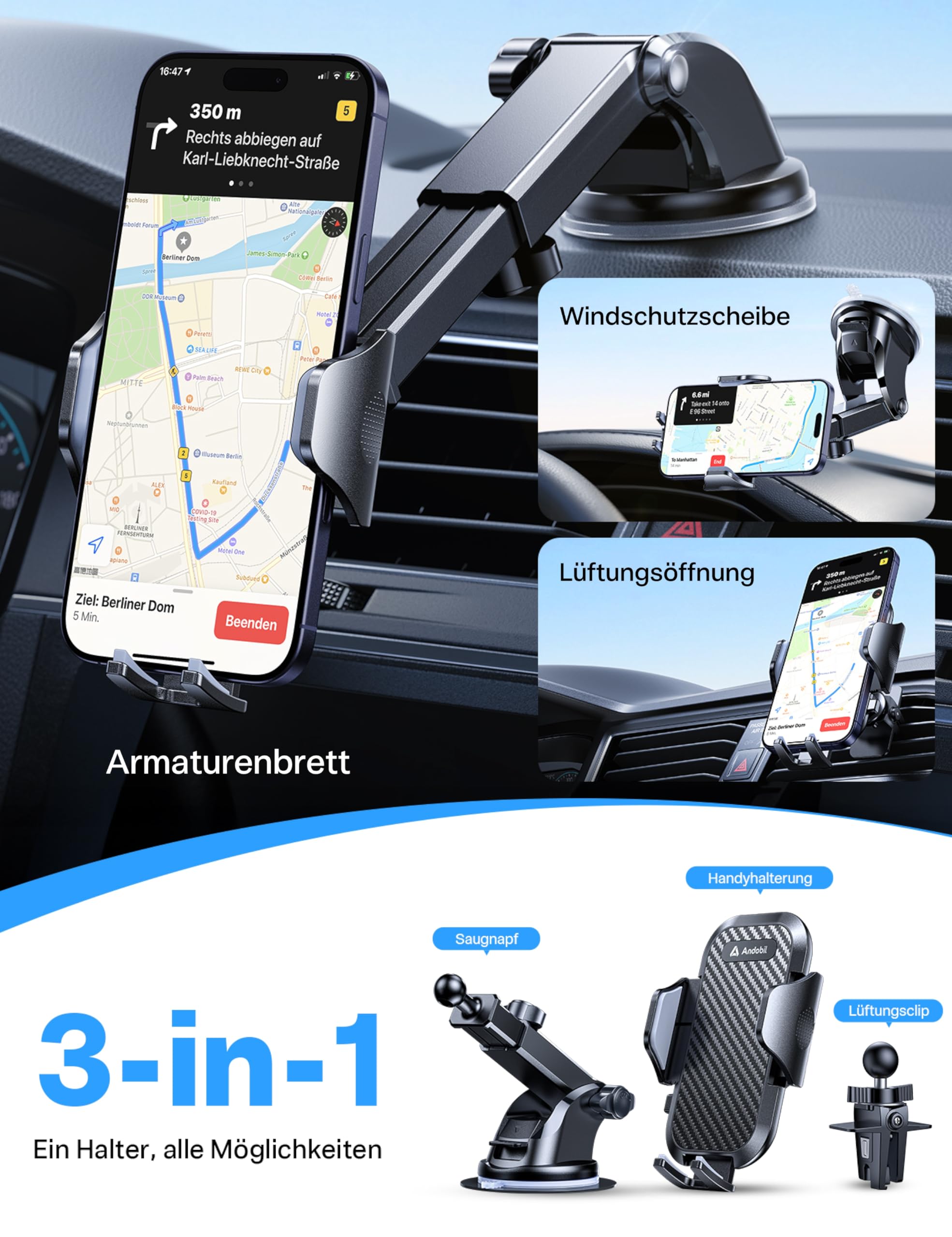 andobil Handyhalterung Auto [2026 Neueste Saugnapf] 3 in 1 Saugnapf & Lüftung Halter Universale KFZ Autohalterung Zubehör für iPhone 17 Pro Max Air 16/15/14/13/12 Samsung Galaxy S25 Ultra/S24/S23 Usw 3