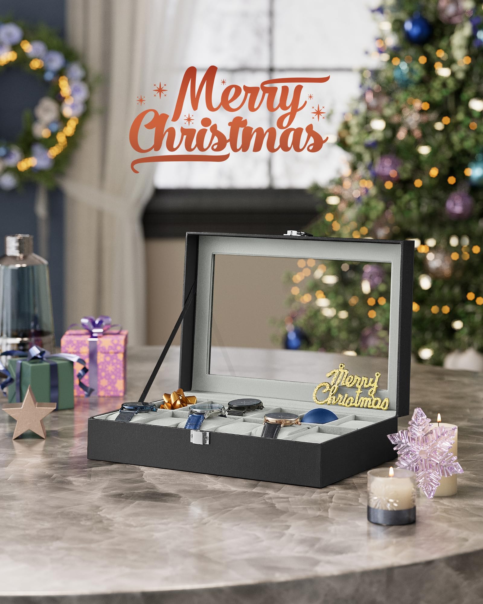 SONGMICS SONGMICS Watch Box, 12-Slot Watch Case Organizer with Large Glass Lid, Removable Pillows, Christmas Gift, Black Synthetic Leather, Gray Lining UJWB12BK