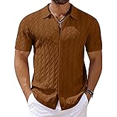COOFANDY Men's Knit Short Sleeve Shirts Button Down Vintage Knitted Polo Shirt Casual Beach Crochet Cable Vacation Shirt
