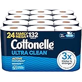 Cottonelle Ultra Clean Toilet Paper with Active CleaningRipples Texture, Strong Bath Tissue, 24 Family Mega Rolls = 132 Regular Rolls (4 Packs of 6)