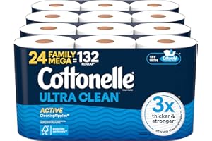 Cottonelle Ultra Clean Toilet Paper with Active CleaningRipples Texture, Strong Bath Tissue, 24 Family Mega Rolls = 132 Regular Rolls (4 Packs of 6)