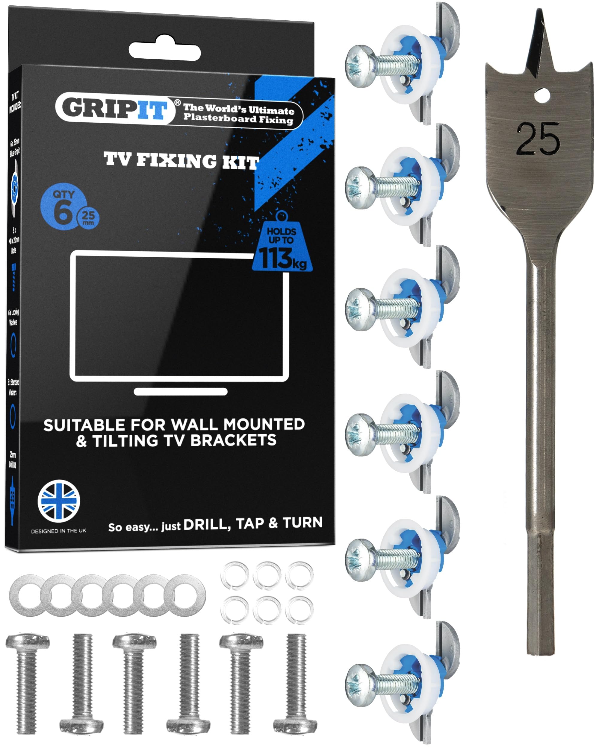 Gripit Blue Heavy-Duty Plasterboard Fixings - TV Mounting Kit - Pack of 6 - Holds Up to 113kg - Reusable Drywall Anchor for TVs, Stud Walls, Kitchen Cupboards & Boilers – UK Designed