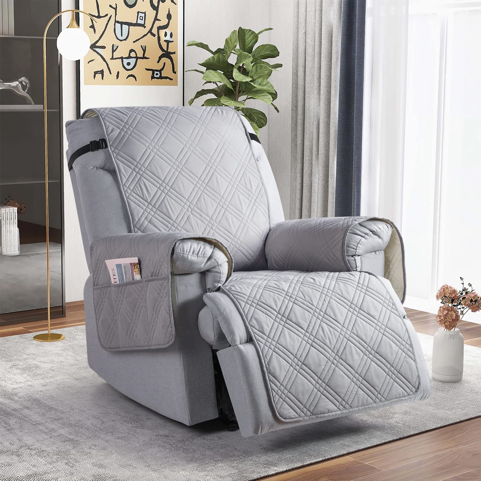 Photo 1 of TAOCOCO 100% Waterproof Recliner Chair Cover with Double Straps, Non Slip Covers for Recliner Chair with Pocket, Washable Reclining Chair/Furniture Protector for Kids, Pets(23.6'', Light Grey)