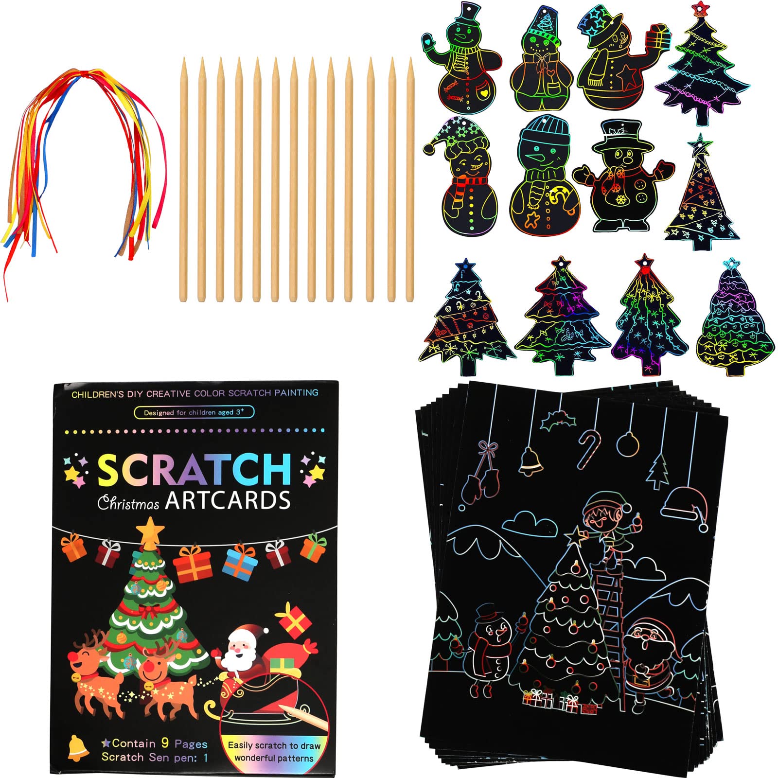 OPUHOHR Christmas Scratch Pictures Set for Children, Christmas Tree Snowman Rainbow Scratch Pictures, Scratch Pictures with Ribbons and Sticks for Children Christmas Birthday Party Gift