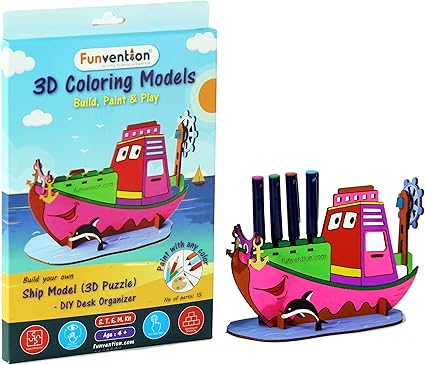 Funvention Ship - 3D Coloring Model - DIY Desk Organizer Pen Stand - STEM Leanring 3D Puzzle Toy - Art, Coloring and Painting Kit for Kids - Birthday Return Gift,3D Mechanical Do IT Yourself Toy