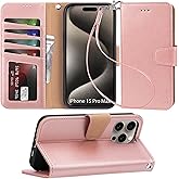 Arae Compatible with iPhone 15 Pro Max Case with Card Holder and Wrist Strap Wallet Flip Cover for iPhone 15 Pro Max 6.7 inch,Rose Gold