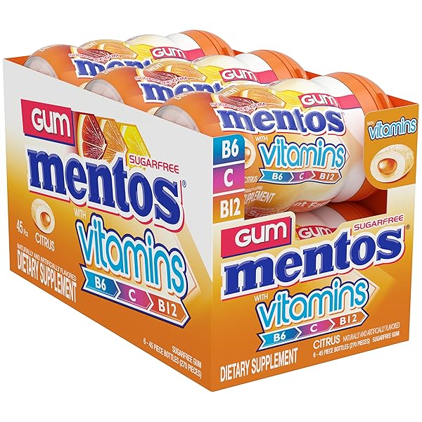 MENTOS VITAMINS GUM, SUGAR FREE GUM WITH VITAMINS AND XYLITOL SWEETENER, CITRUS, 45 COUNT BOTTLE, 6 BOTTLES
