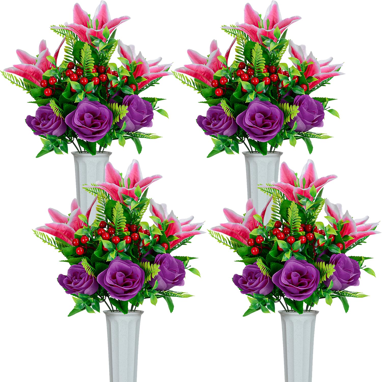 SIFOEL Artificial Cemetery Flowers for Grave, Set of 4 Artificial Rose Lily Flowers Bouquet with Vase for Outdoor Cemetery Headstones Graveyard Gravestone Decoration