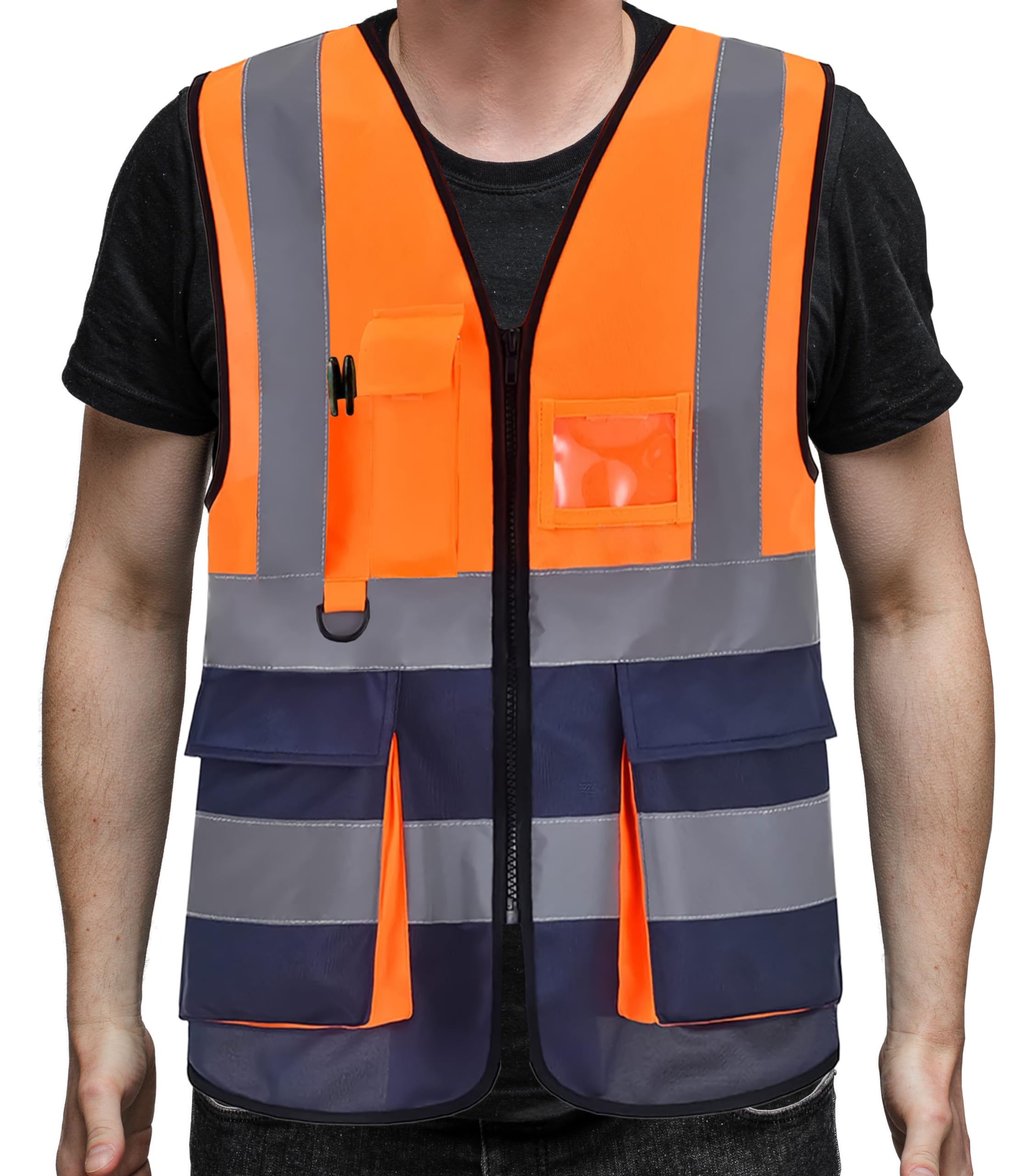 PB TECH Hi Vis Zipper Front High Visibility Reflective Vest Hi Vis Executive Jacket Vest Waistcoat ID & Multiple Pockets (Orange & Navy, L)